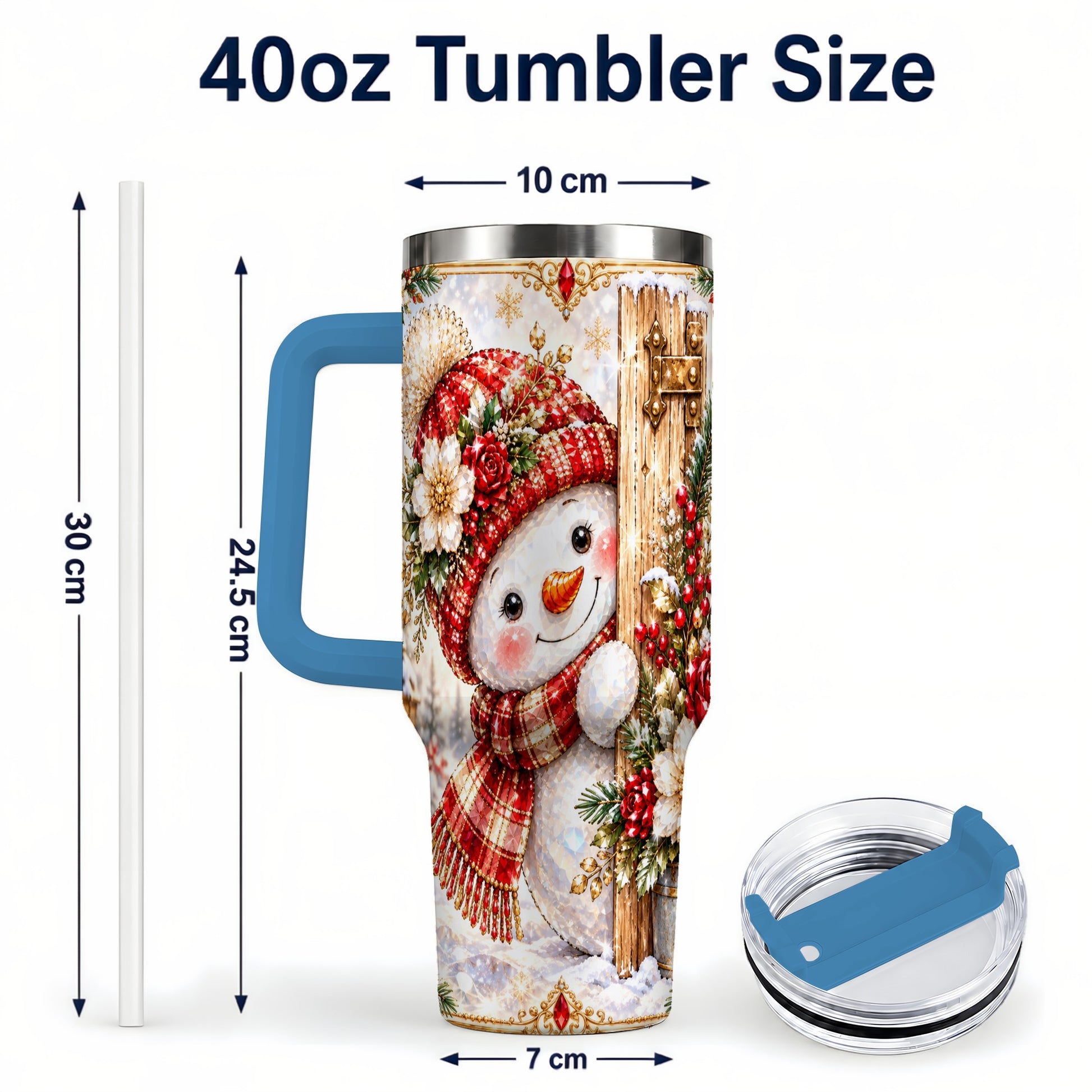 #pl[40oz|Blue] Snowman 40oz Tumbler with Handle, Floral Stainless Steel Travel Cup