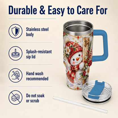 #pl[40oz|Blue] Snowman 40oz Tumbler with Handle, Floral Stainless Steel Travel Cup