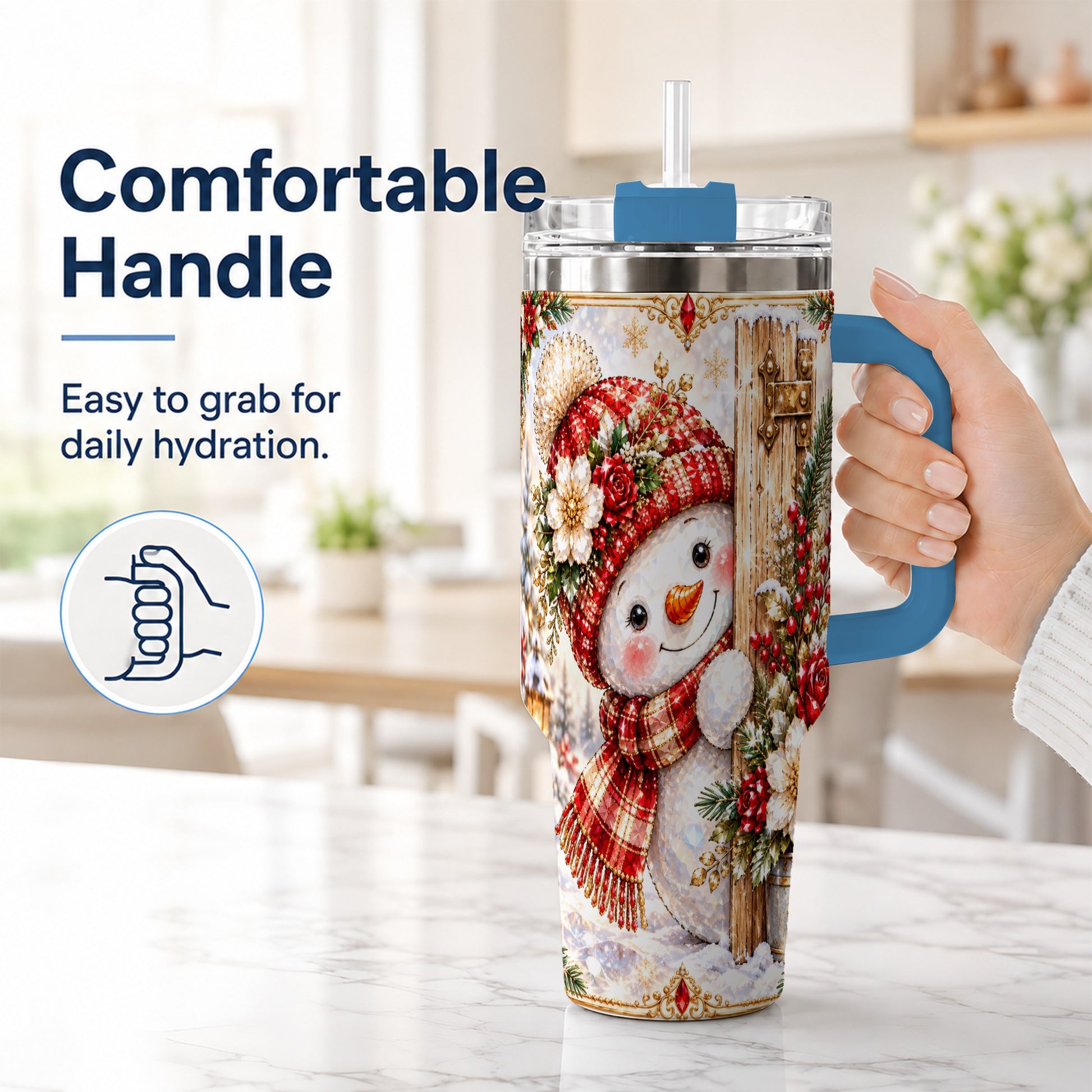 #pl[40oz|Blue] Snowman 40oz Tumbler with Handle, Floral Stainless Steel Travel Cup