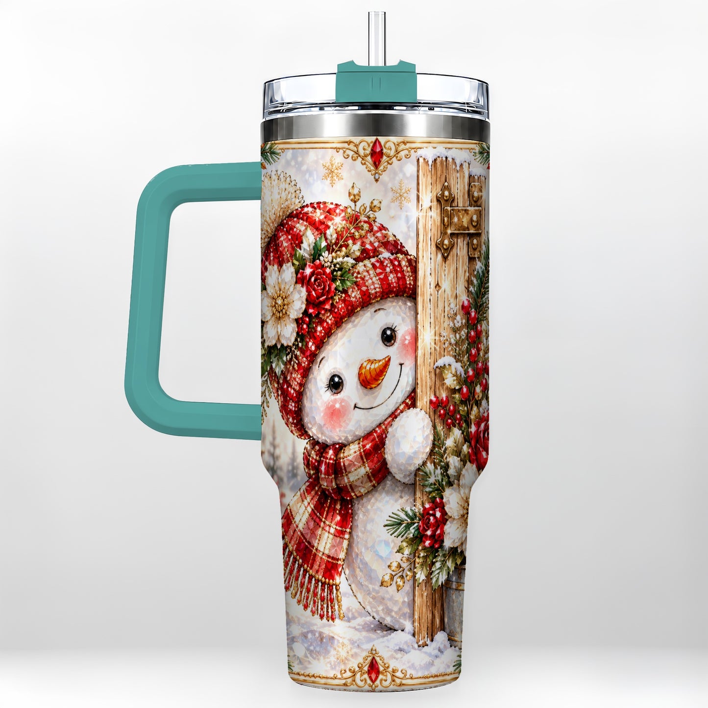 #pl[40oz|Green] Snowman 40oz Tumbler with Handle, Floral Stainless Steel Travel Cup