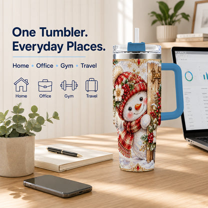 #pl[40oz|Blue] Snowman 40oz Tumbler with Handle, Floral Stainless Steel Travel Cup
