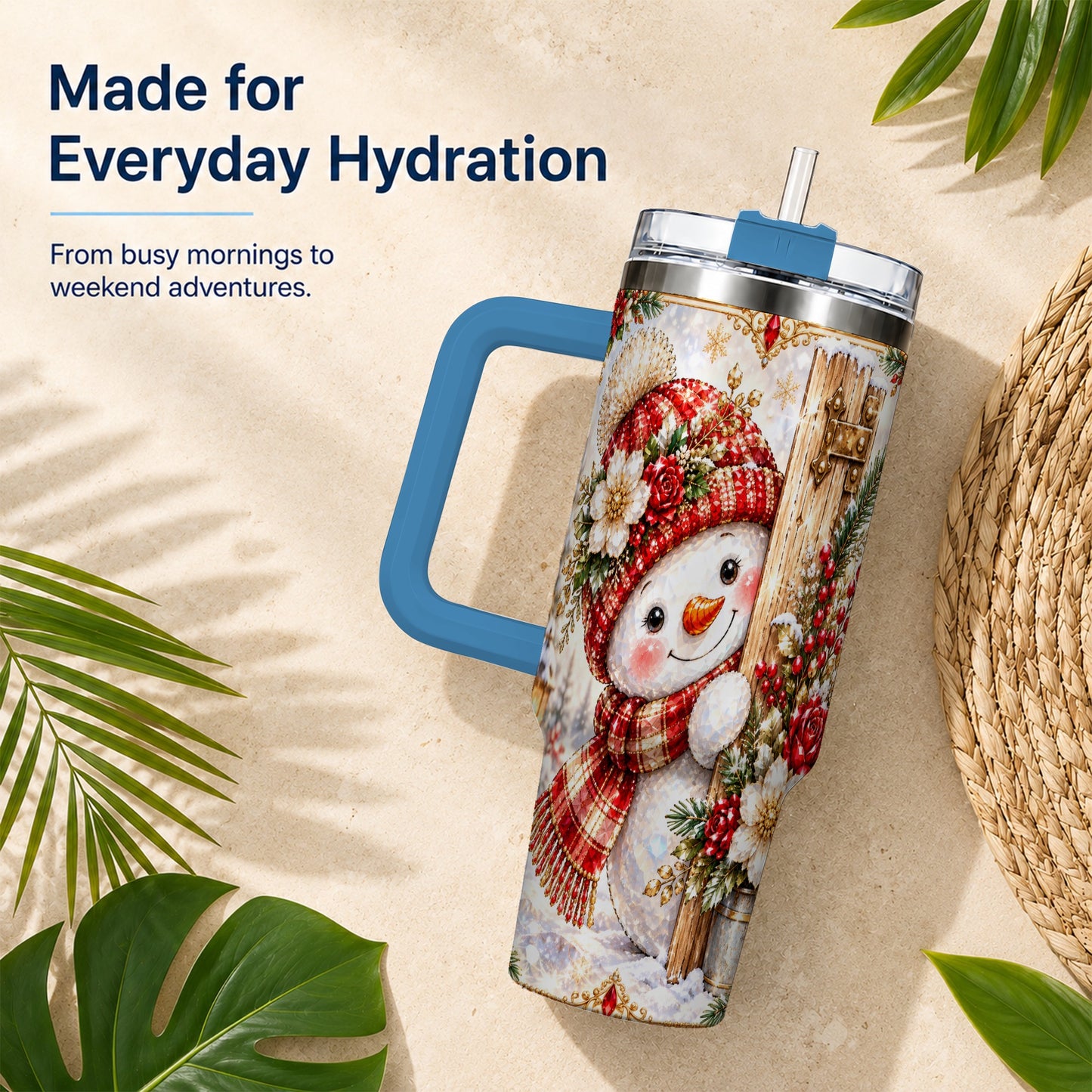 #pl[40oz|Blue] Snowman 40oz Tumbler with Handle, Floral Stainless Steel Travel Cup