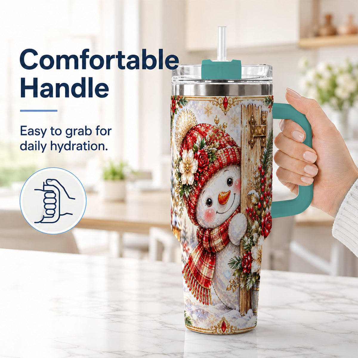 #pl[40oz|Green] Snowman 40oz Tumbler with Handle, Floral Stainless Steel Travel Cup