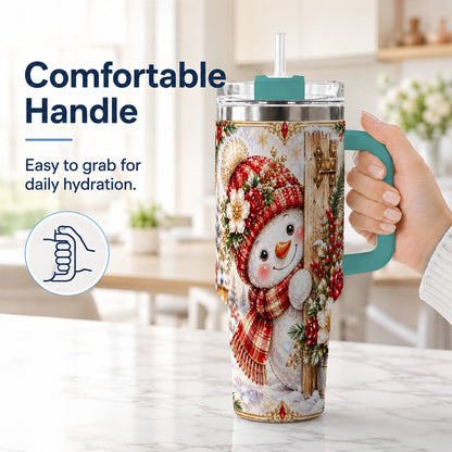 #pl[40oz|Green] Snowman 40oz Tumbler with Handle, Floral Stainless Steel Travel Cup