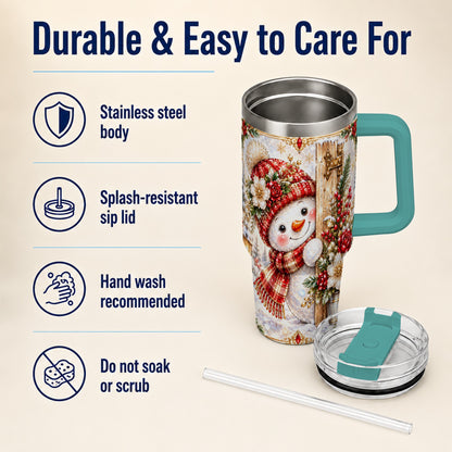 #pl[40oz|Green] Snowman 40oz Tumbler with Handle, Floral Stainless Steel Travel Cup