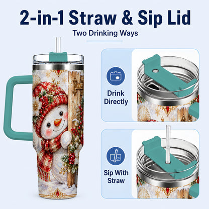 #pl[40oz|Green] Snowman 40oz Tumbler with Handle, Floral Stainless Steel Travel Cup