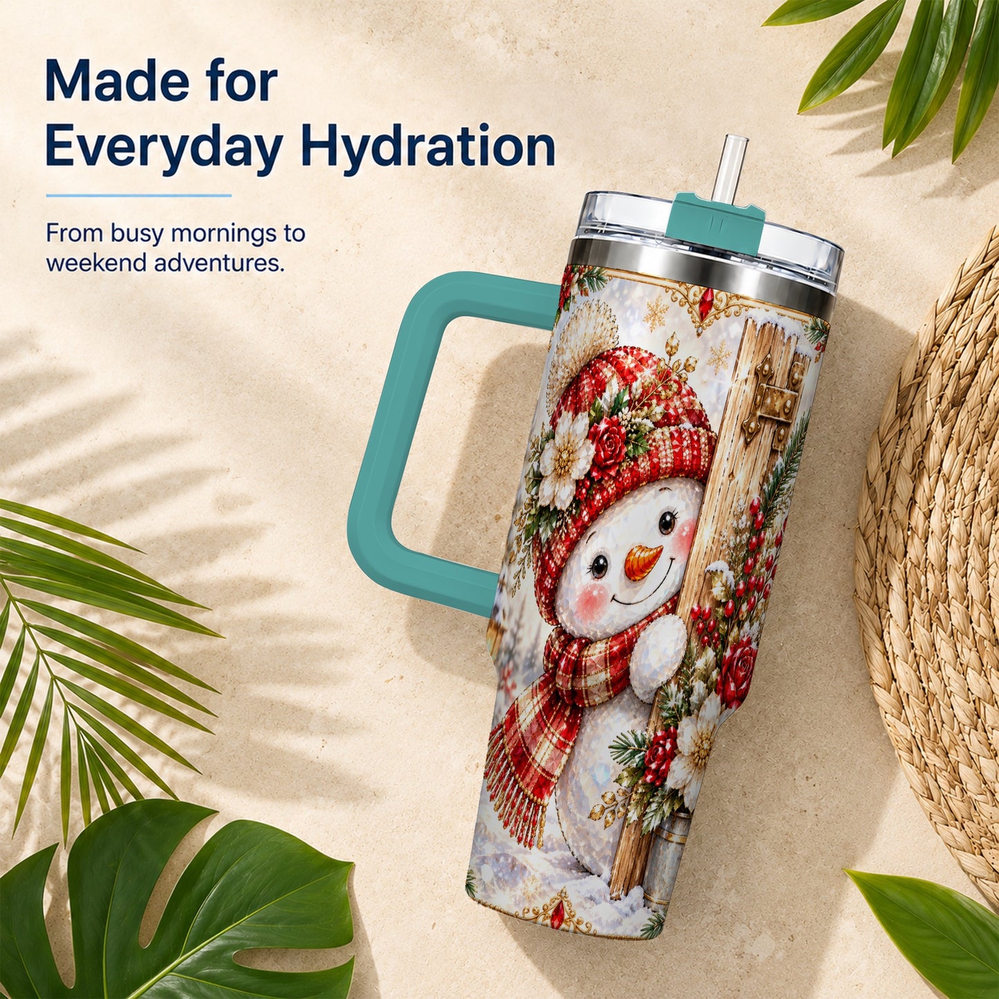 #pl[40oz|Green] Snowman 40oz Tumbler with Handle, Floral Stainless Steel Travel Cup