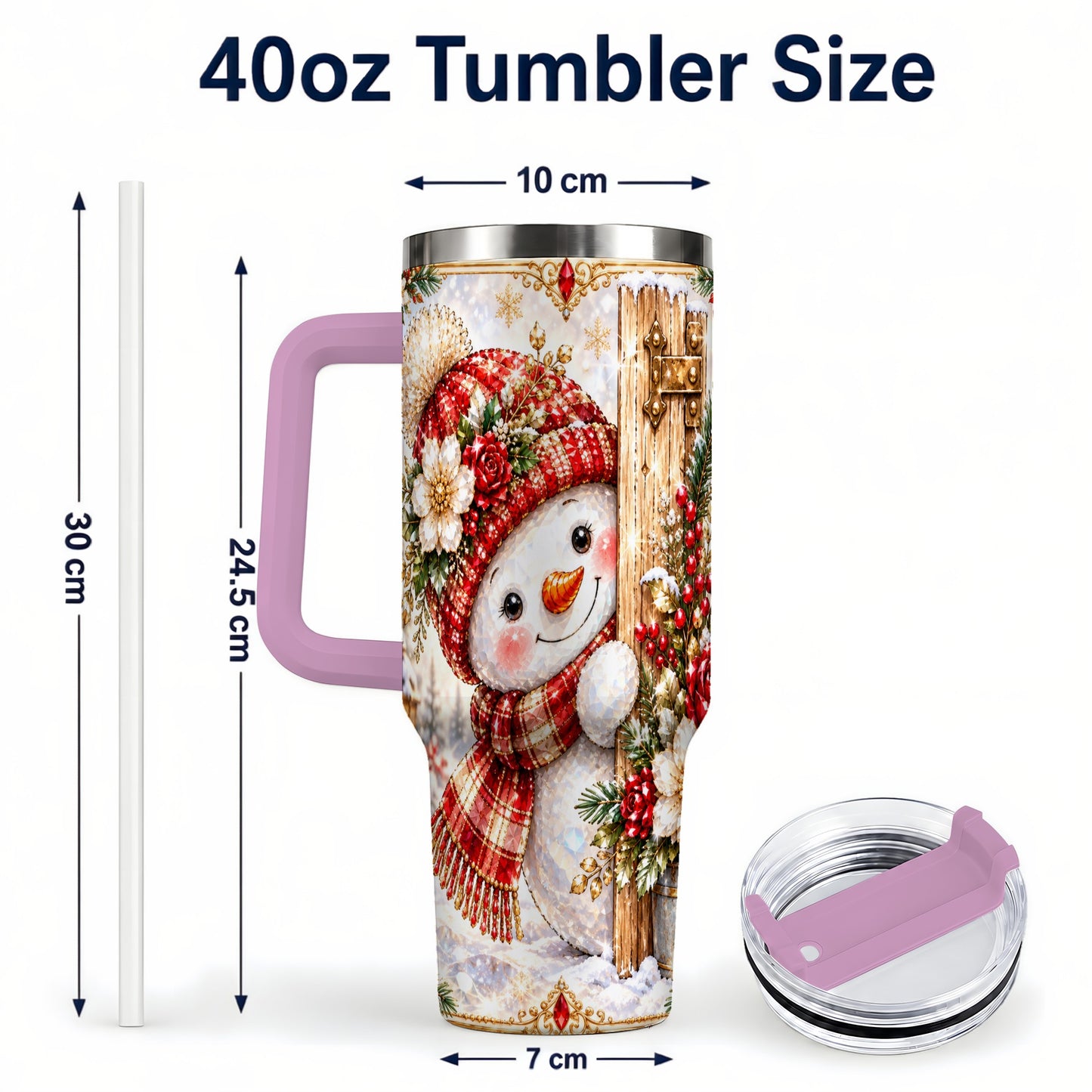 #pl[40oz|Pink] Snowman 40oz Tumbler with Handle, Floral Stainless Steel Travel Cup