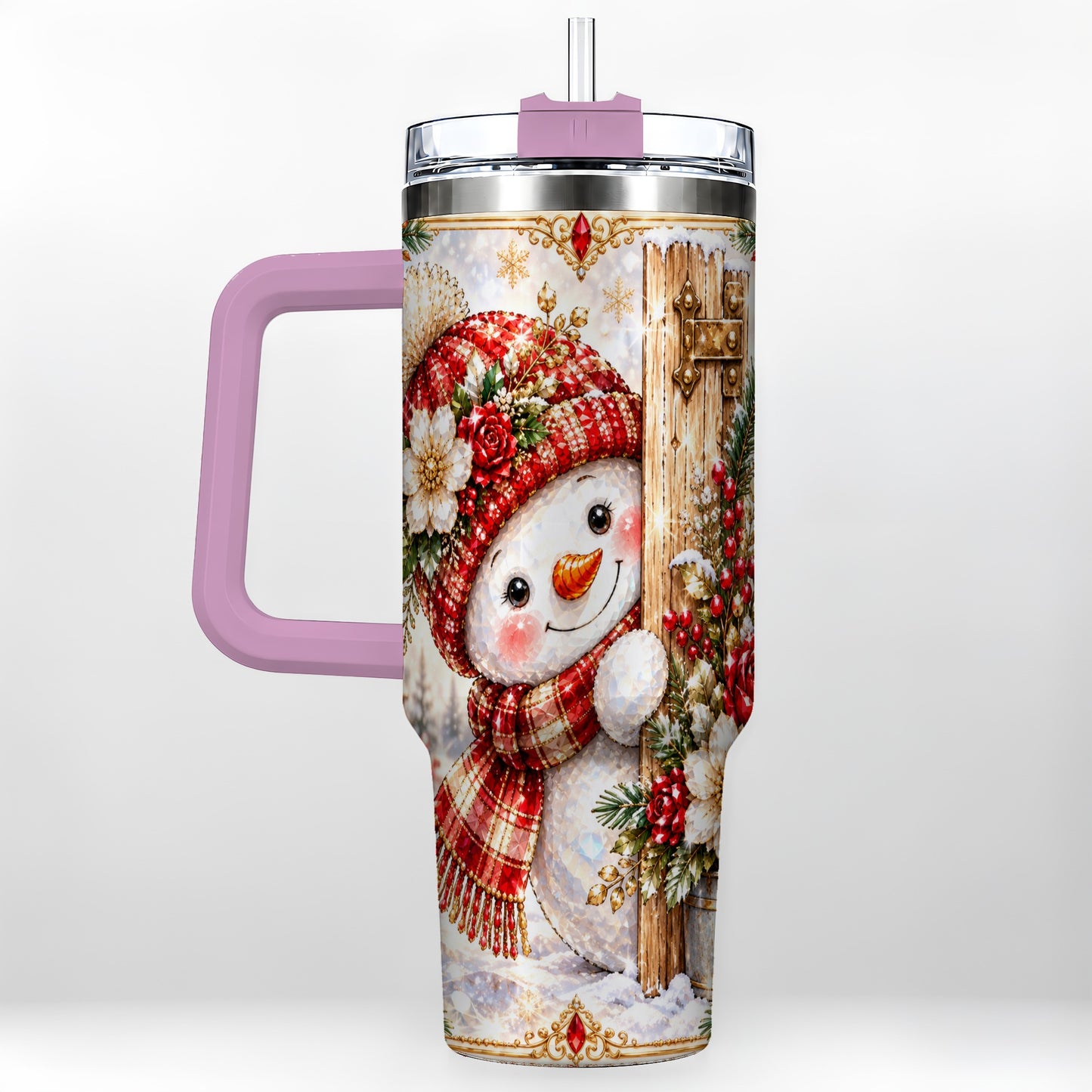 #pl[40oz|Pink] Snowman 40oz Tumbler with Handle, Floral Stainless Steel Travel Cup