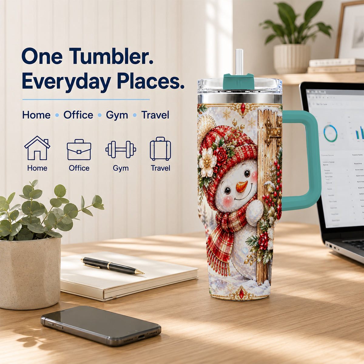 #pl[40oz|Green] Snowman 40oz Tumbler with Handle, Floral Stainless Steel Travel Cup