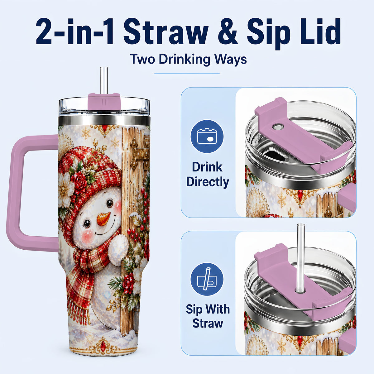 #pl[40oz|Pink] Snowman 40oz Tumbler with Handle, Floral Stainless Steel Travel Cup