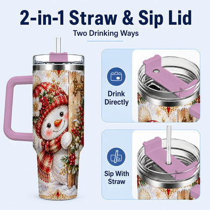 #pl[40oz|Pink] Snowman 40oz Tumbler with Handle, Floral Stainless Steel Travel Cup