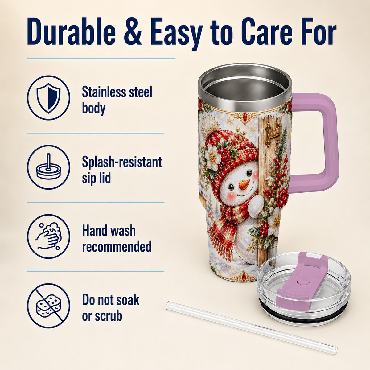 #pl[40oz|Pink] Snowman 40oz Tumbler with Handle, Floral Stainless Steel Travel Cup