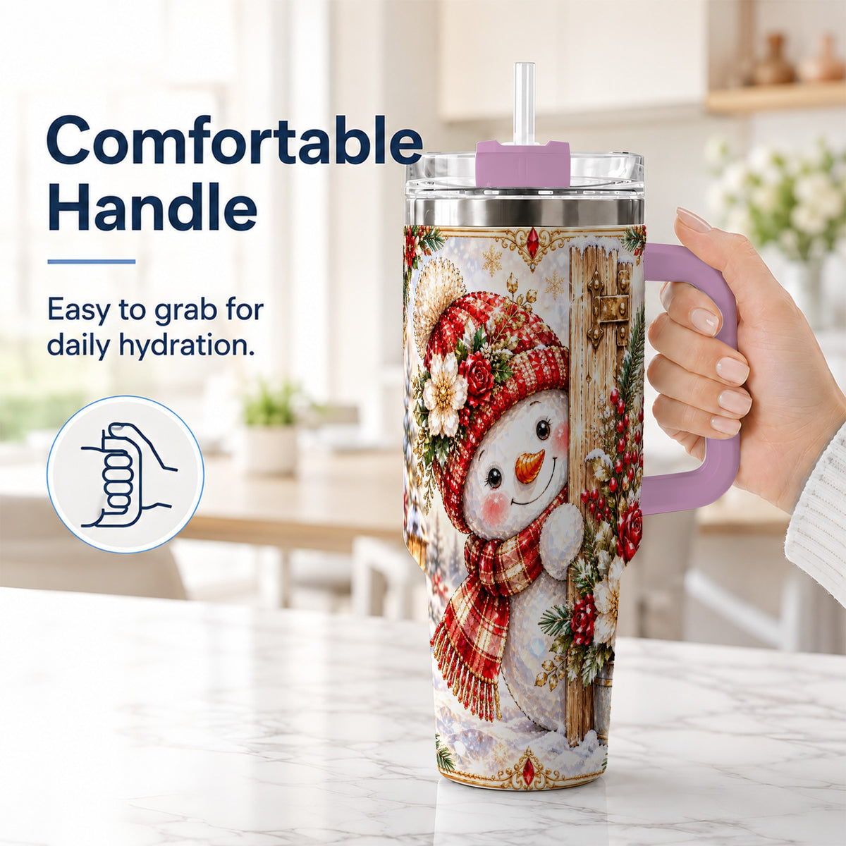 #pl[40oz|Pink] Snowman 40oz Tumbler with Handle, Floral Stainless Steel Travel Cup