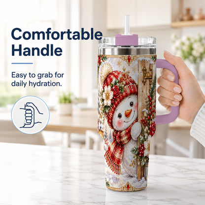 #pl[40oz|Pink] Snowman 40oz Tumbler with Handle, Floral Stainless Steel Travel Cup