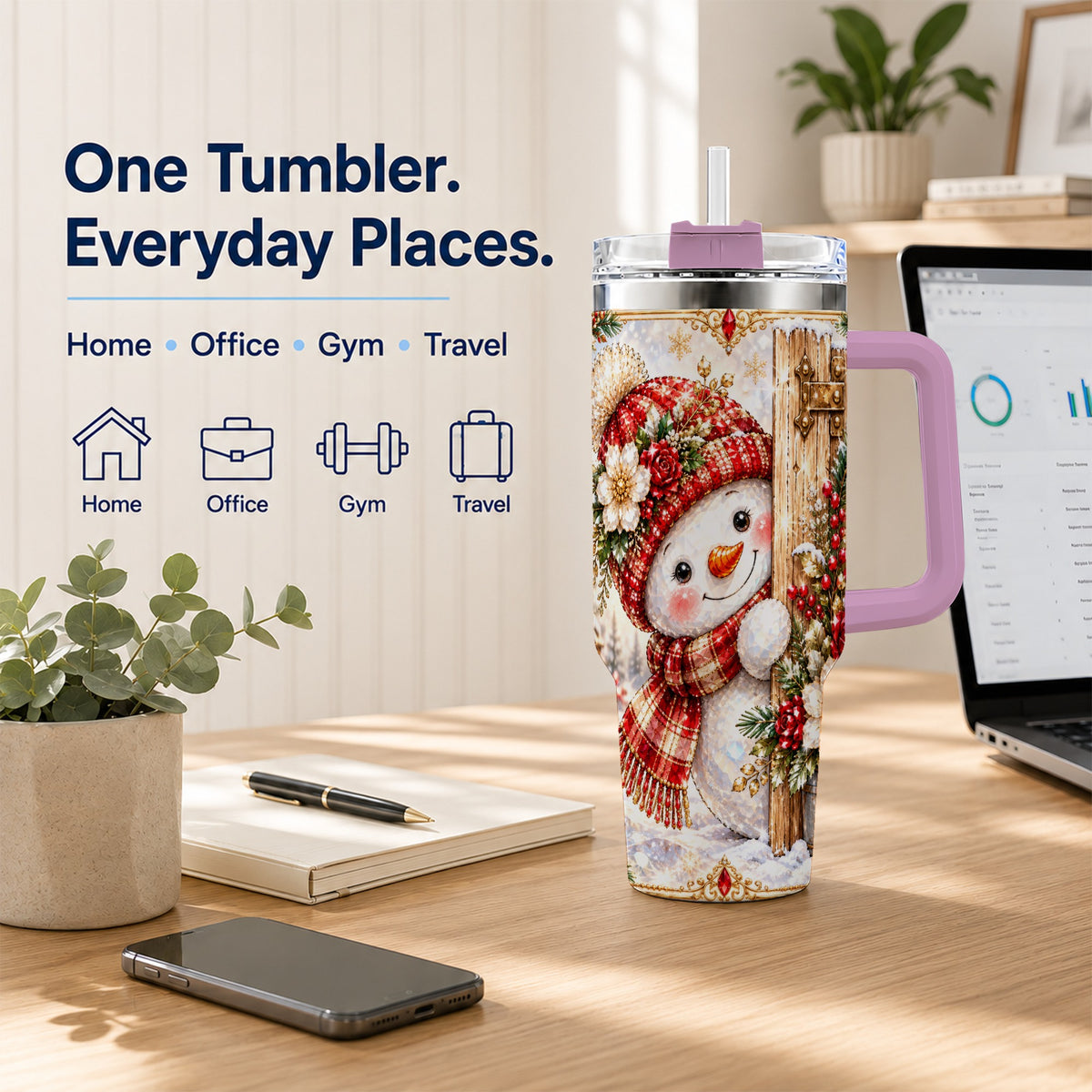 #pl[40oz|Pink] Snowman 40oz Tumbler with Handle, Floral Stainless Steel Travel Cup