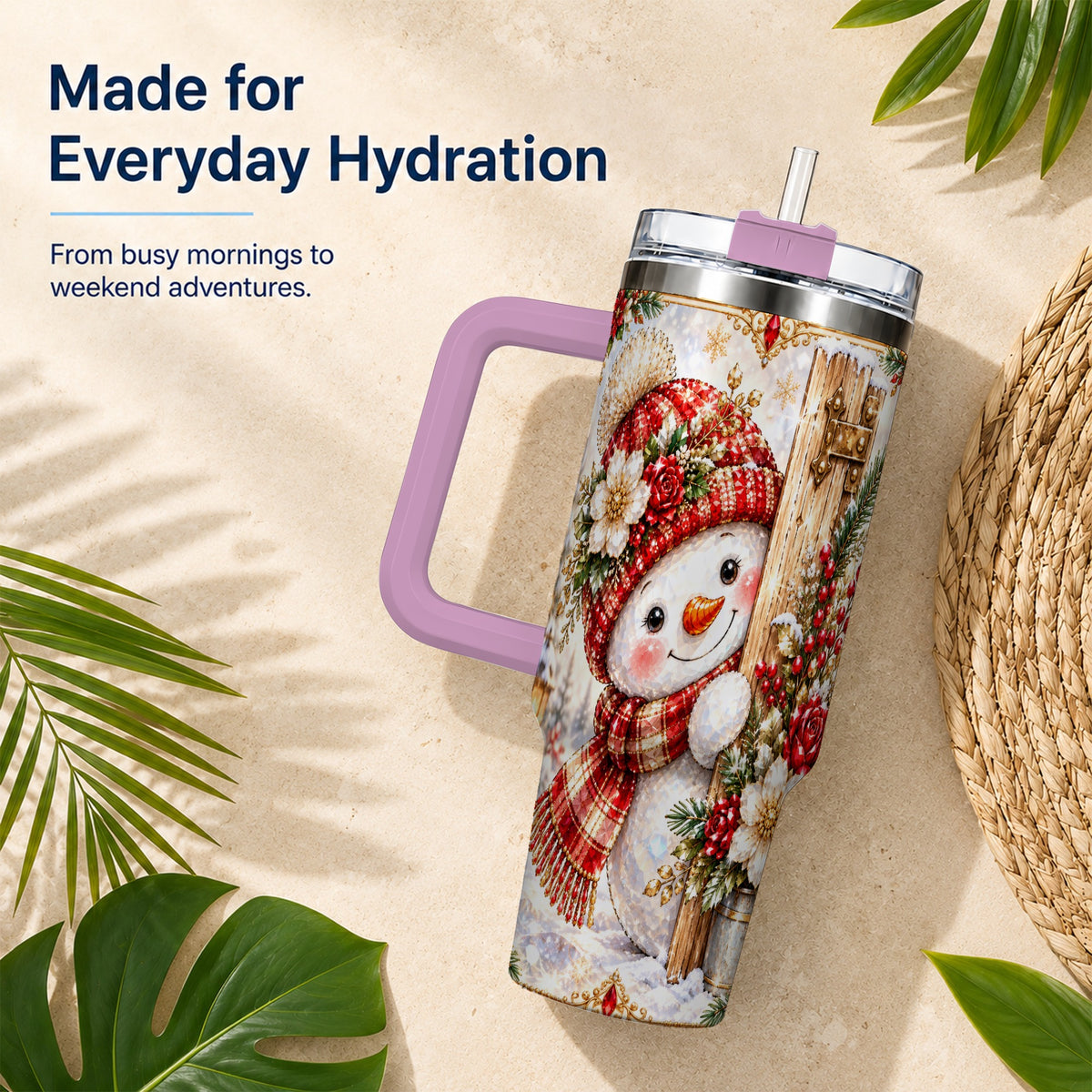 #pl[40oz|Pink] Snowman 40oz Tumbler with Handle, Floral Stainless Steel Travel Cup