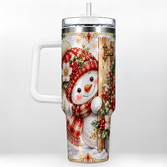 Snowman 40oz Tumbler with Handle, Floral Stainless Steel Travel Cup