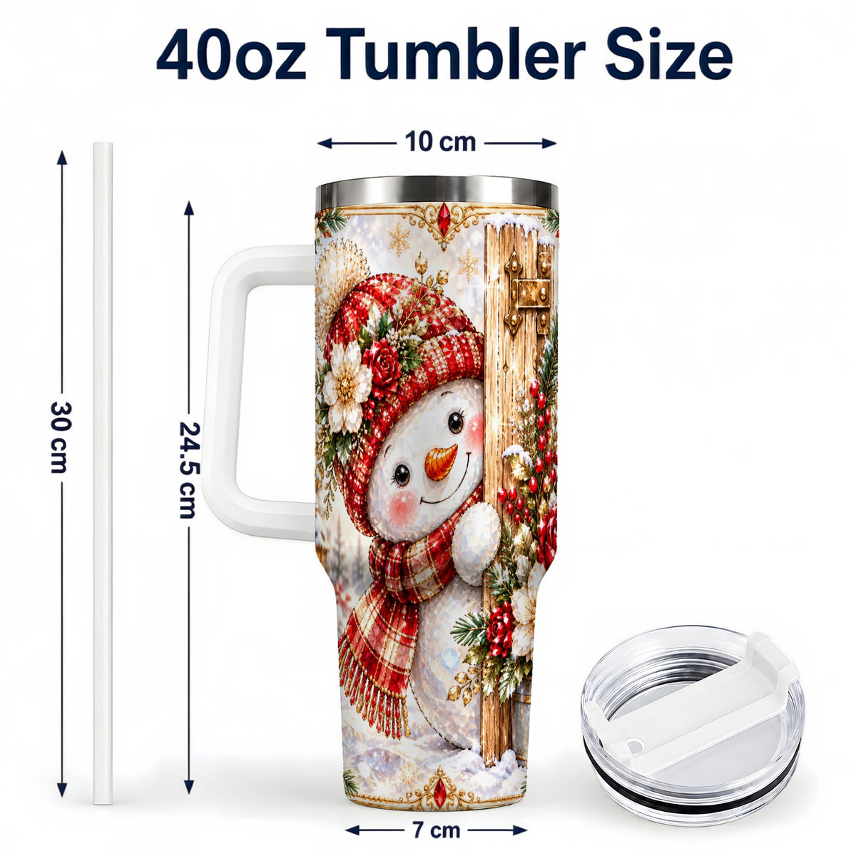 #pl[40oz|White] Snowman 40oz Tumbler with Handle, Floral Stainless Steel Travel Cup