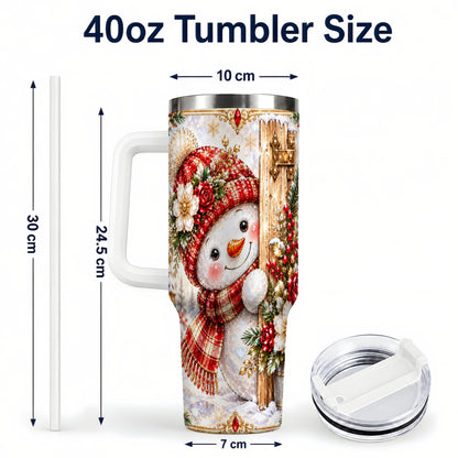 #pl[40oz|White] Snowman 40oz Tumbler with Handle, Floral Stainless Steel Travel Cup