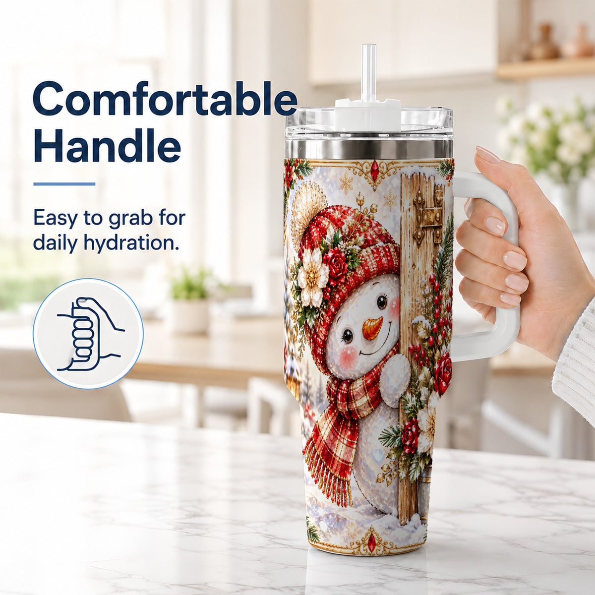 #pl[40oz|White] Snowman 40oz Tumbler with Handle, Floral Stainless Steel Travel Cup