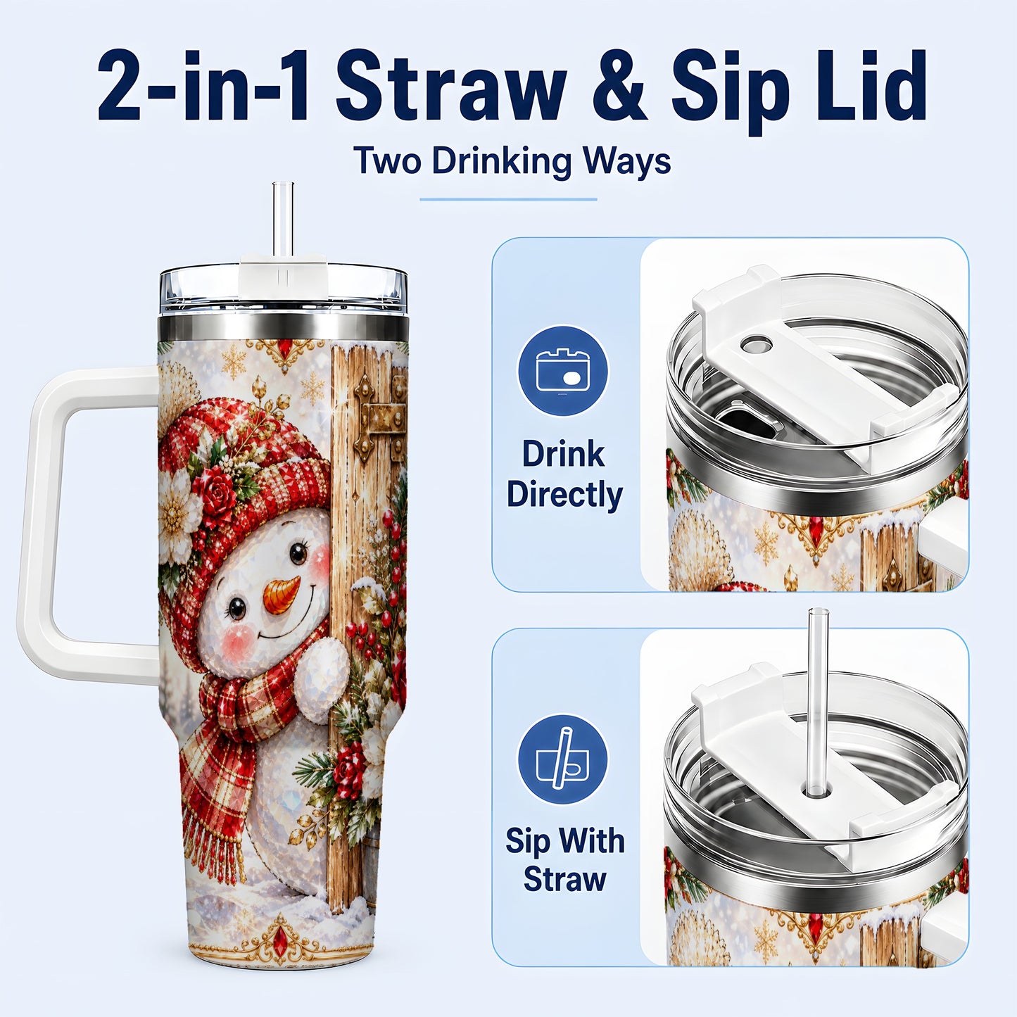#pl[40oz|White] Snowman 40oz Tumbler with Handle, Floral Stainless Steel Travel Cup