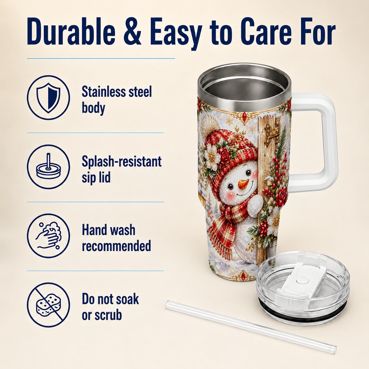 #pl[40oz|White] Snowman 40oz Tumbler with Handle, Floral Stainless Steel Travel Cup