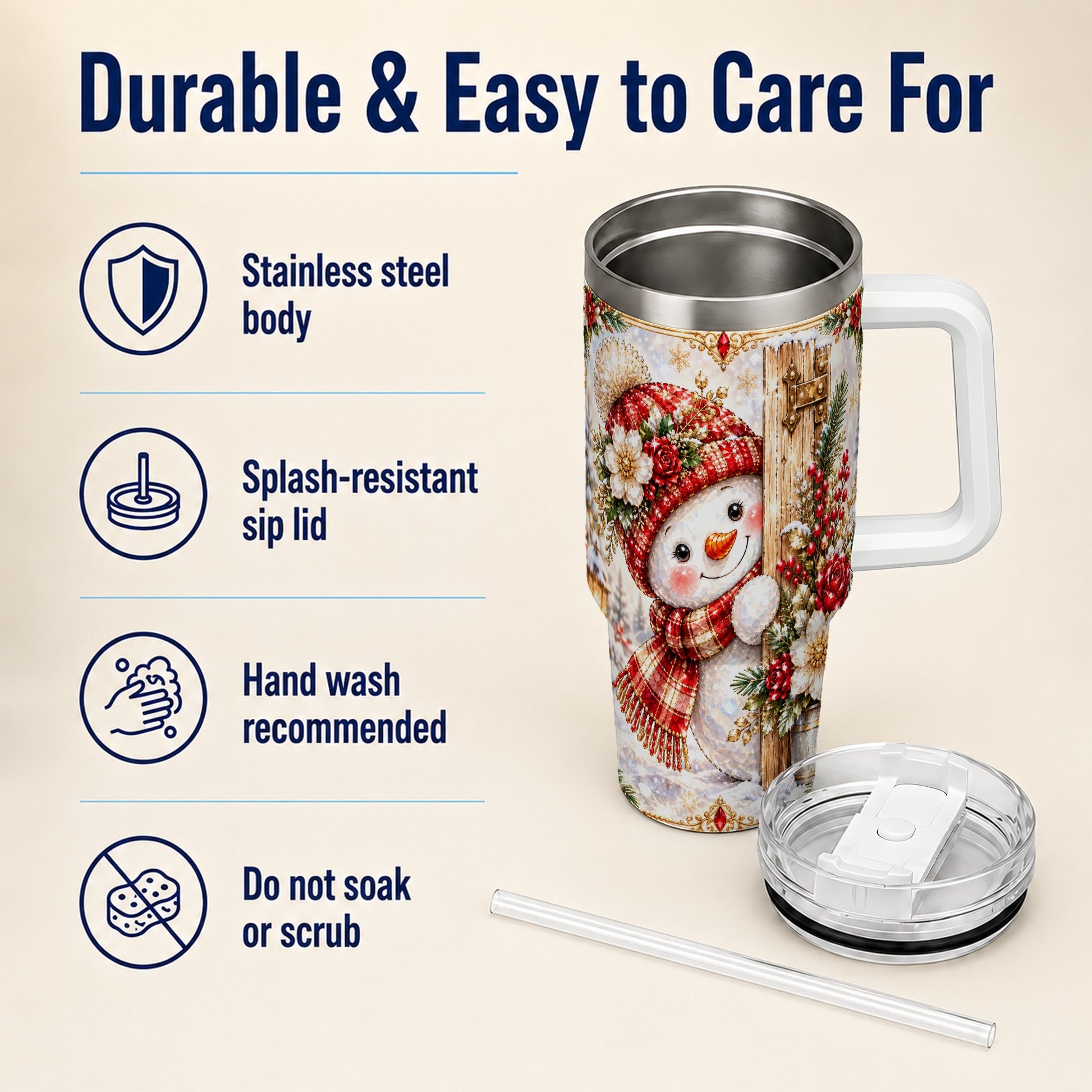 #pl[40oz|White] Snowman 40oz Tumbler with Handle, Floral Stainless Steel Travel Cup