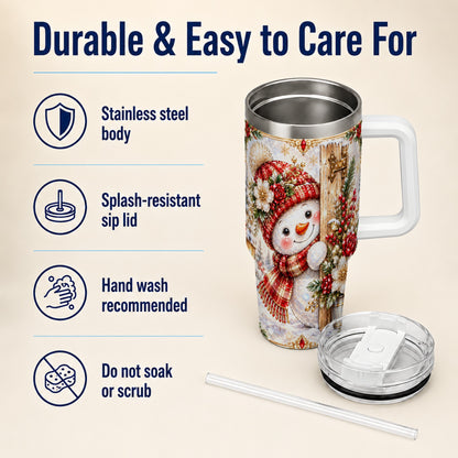 #pl[40oz|White] Snowman 40oz Tumbler with Handle, Floral Stainless Steel Travel Cup
