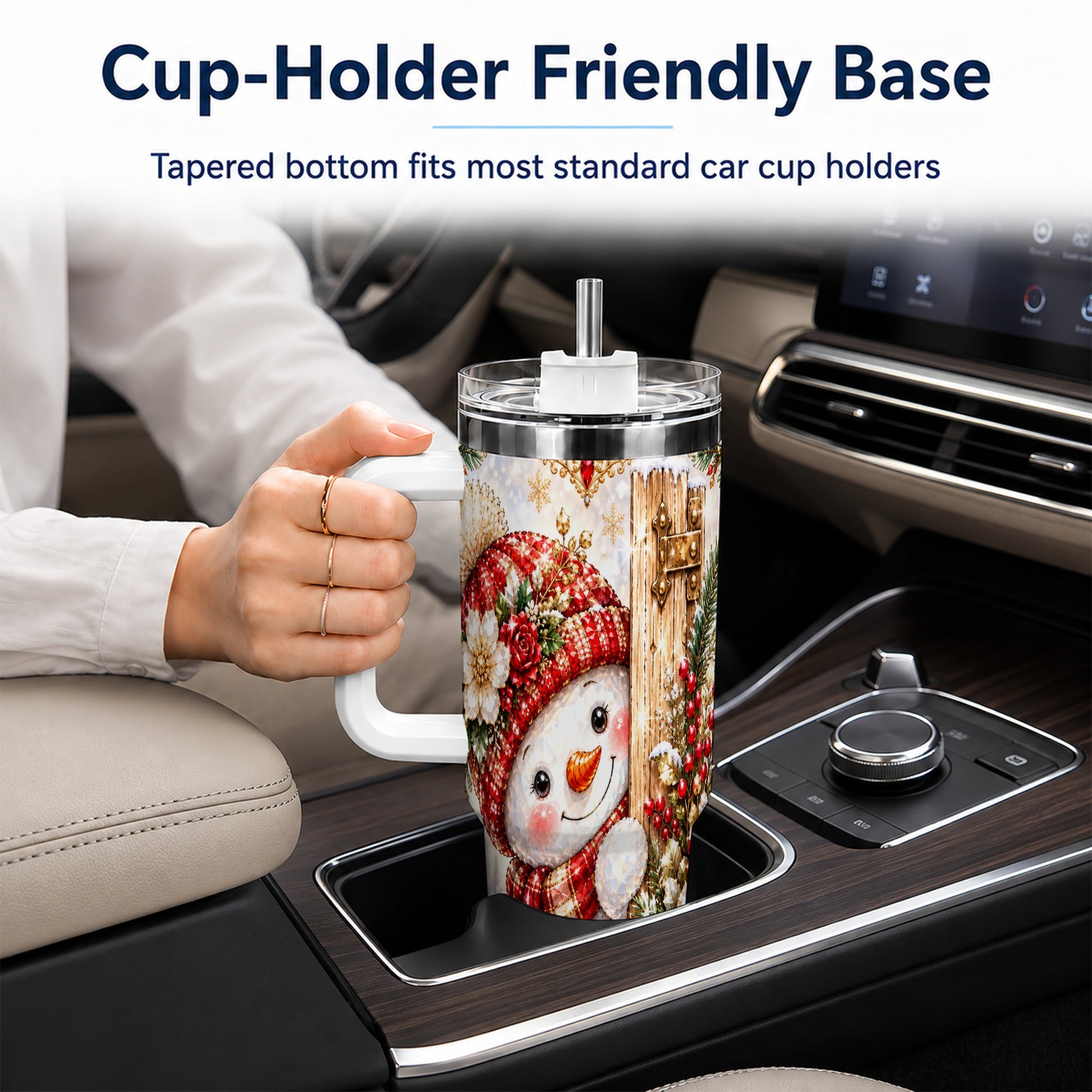 #pl[40oz|White] Snowman 40oz Tumbler with Handle, Floral Stainless Steel Travel Cup