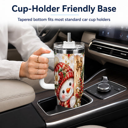 #pl[40oz|White] Snowman 40oz Tumbler with Handle, Floral Stainless Steel Travel Cup