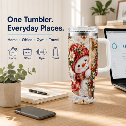 #pl[40oz|White] Snowman 40oz Tumbler with Handle, Floral Stainless Steel Travel Cup