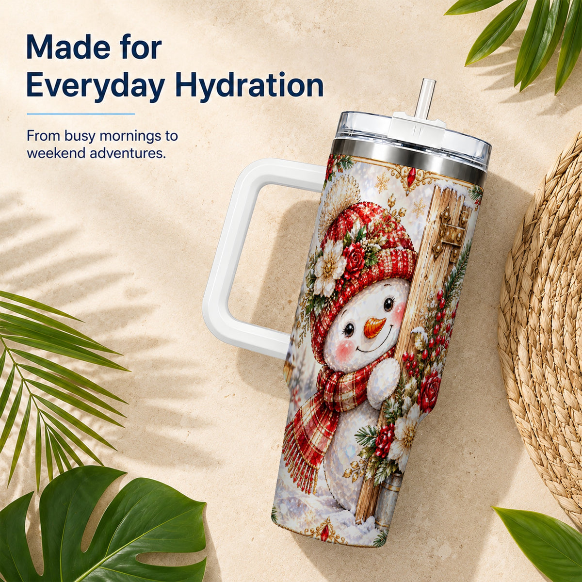 #pl[40oz|White] Snowman 40oz Tumbler with Handle, Floral Stainless Steel Travel Cup