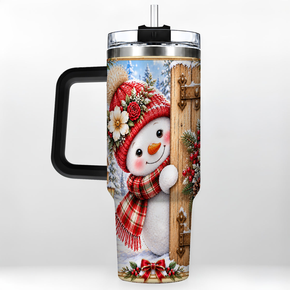 #pl[40oz|Black] Snowman 40oz Tumbler with Handle, Cottage Stainless Steel Travel Cup