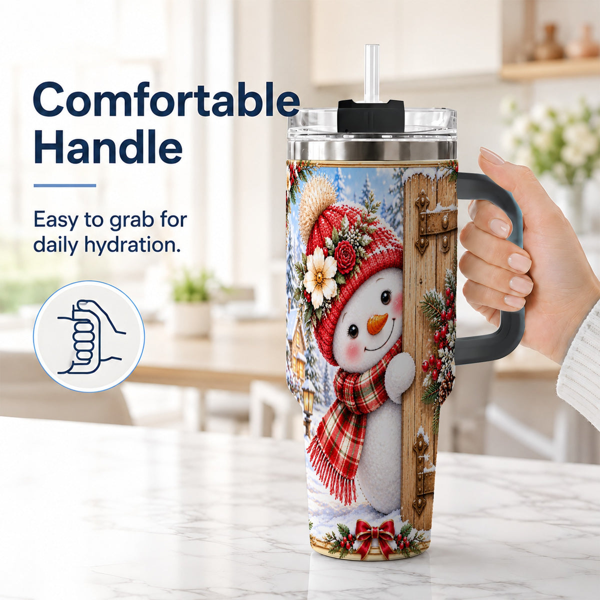 #pl[40oz|Black] Snowman 40oz Tumbler with Handle, Cottage Stainless Steel Travel Cup