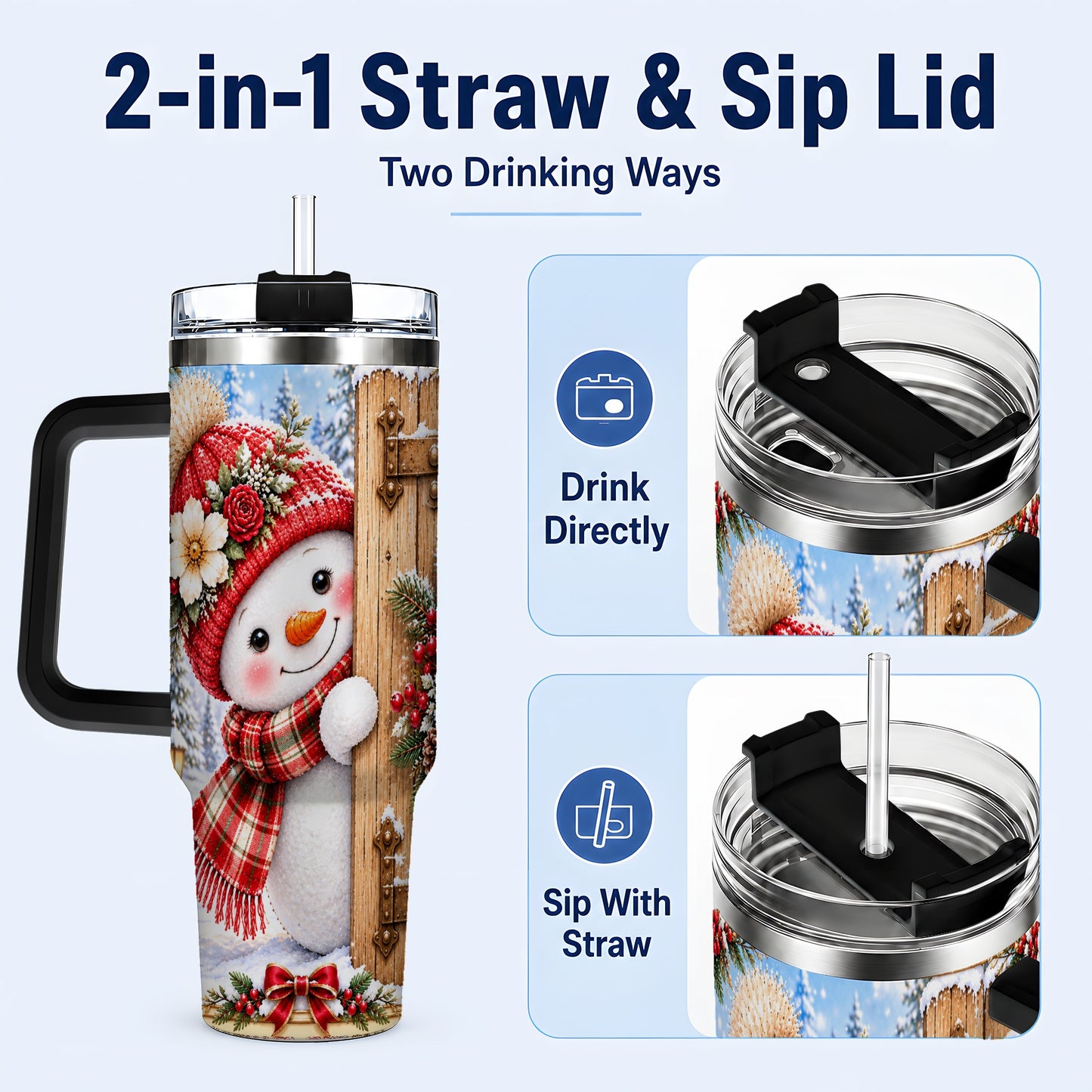 #pl[40oz|Black] Snowman 40oz Tumbler with Handle, Cottage Stainless Steel Travel Cup