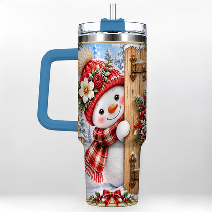 #pl[40oz|Blue] Snowman 40oz Tumbler with Handle, Cottage Stainless Steel Travel Cup
