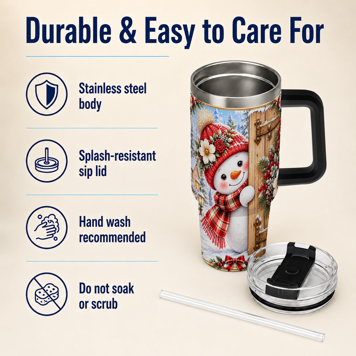 #pl[40oz|Black] Snowman 40oz Tumbler with Handle, Cottage Stainless Steel Travel Cup