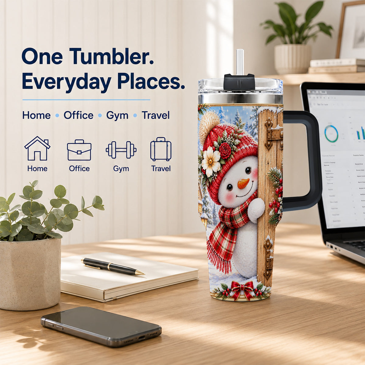 #pl[40oz|Black] Snowman 40oz Tumbler with Handle, Cottage Stainless Steel Travel Cup