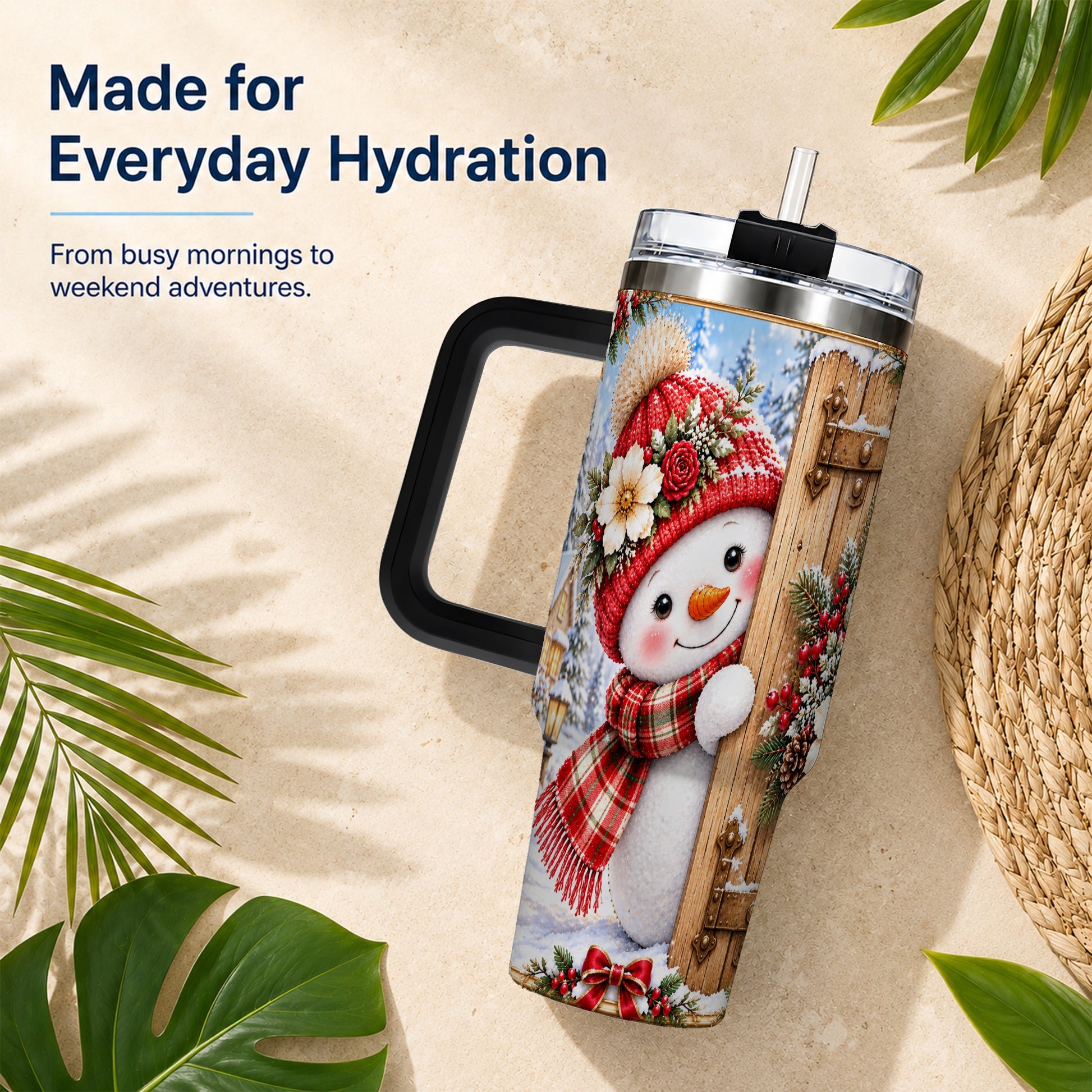 #pl[40oz|Black] Snowman 40oz Tumbler with Handle, Cottage Stainless Steel Travel Cup