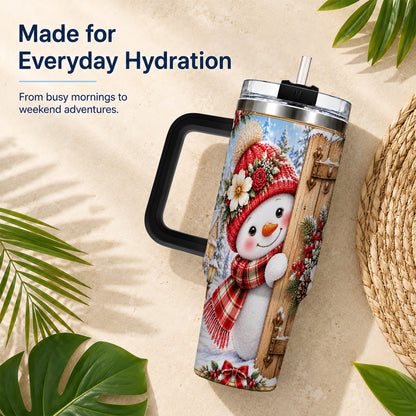 #pl[40oz|Black] Snowman 40oz Tumbler with Handle, Cottage Stainless Steel Travel Cup