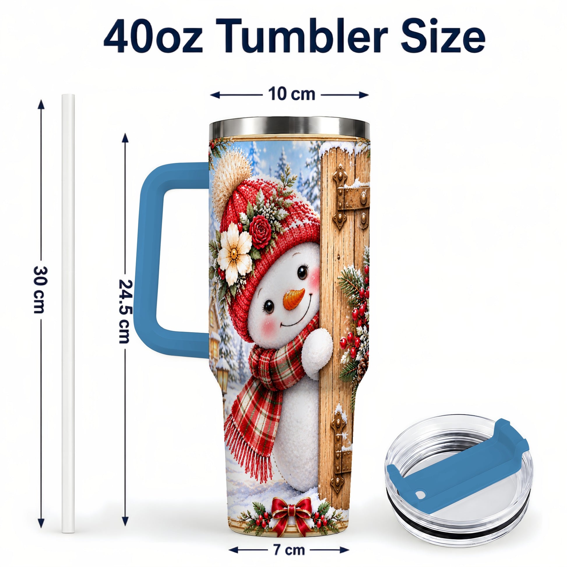 #pl[40oz|Blue] Snowman 40oz Tumbler with Handle, Cottage Stainless Steel Travel Cup