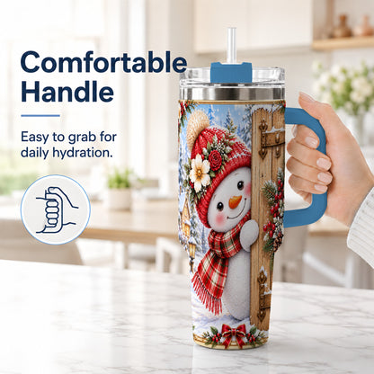 #pl[40oz|Blue] Snowman 40oz Tumbler with Handle, Cottage Stainless Steel Travel Cup