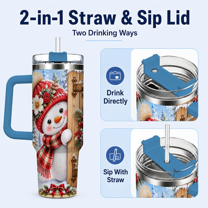 #pl[40oz|Blue] Snowman 40oz Tumbler with Handle, Cottage Stainless Steel Travel Cup