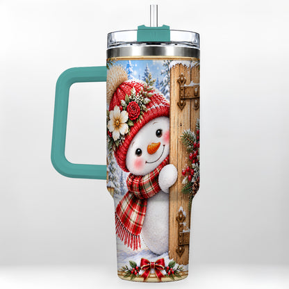 #pl[40oz|Green] Snowman 40oz Tumbler with Handle, Cottage Stainless Steel Travel Cup