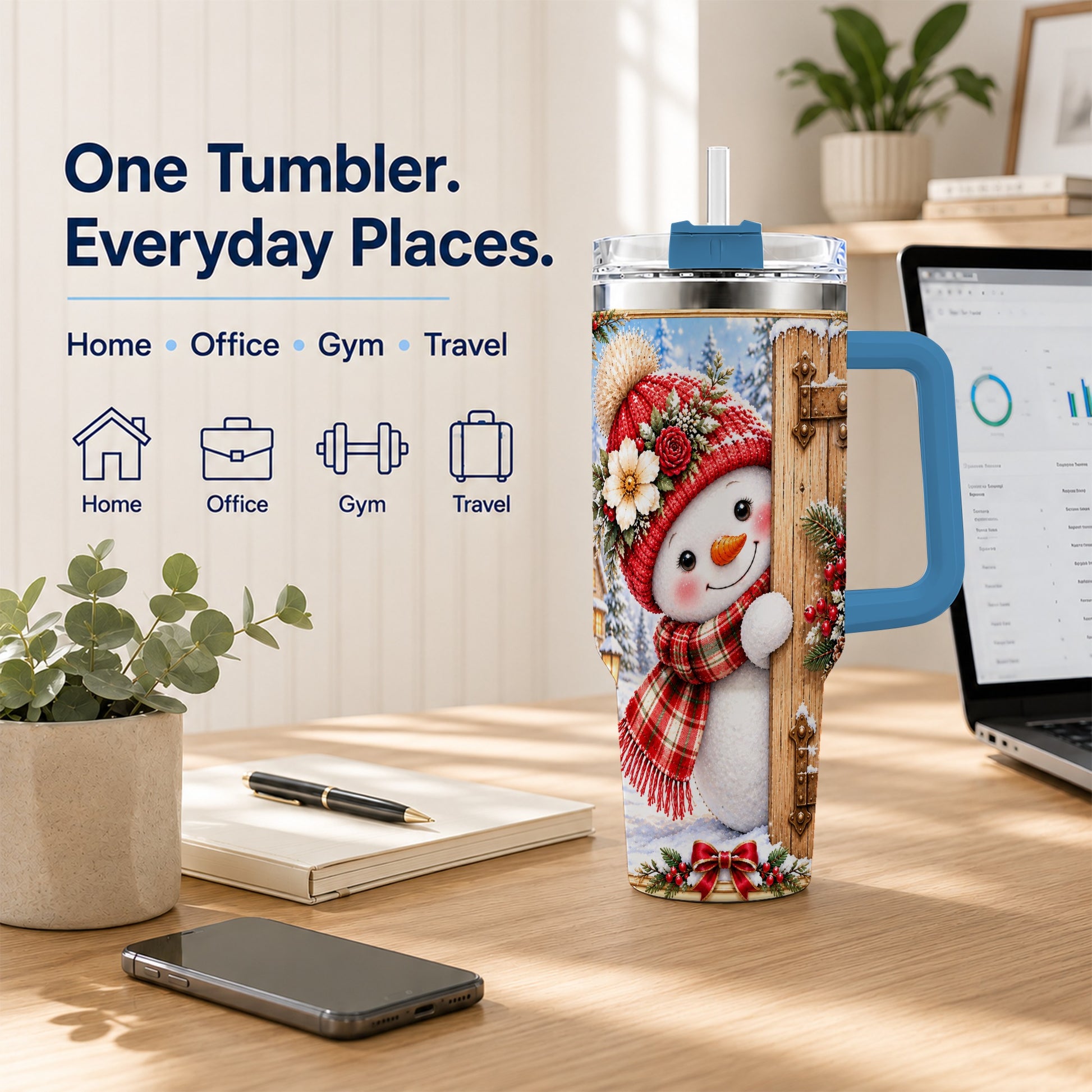 #pl[40oz|Blue] Snowman 40oz Tumbler with Handle, Cottage Stainless Steel Travel Cup