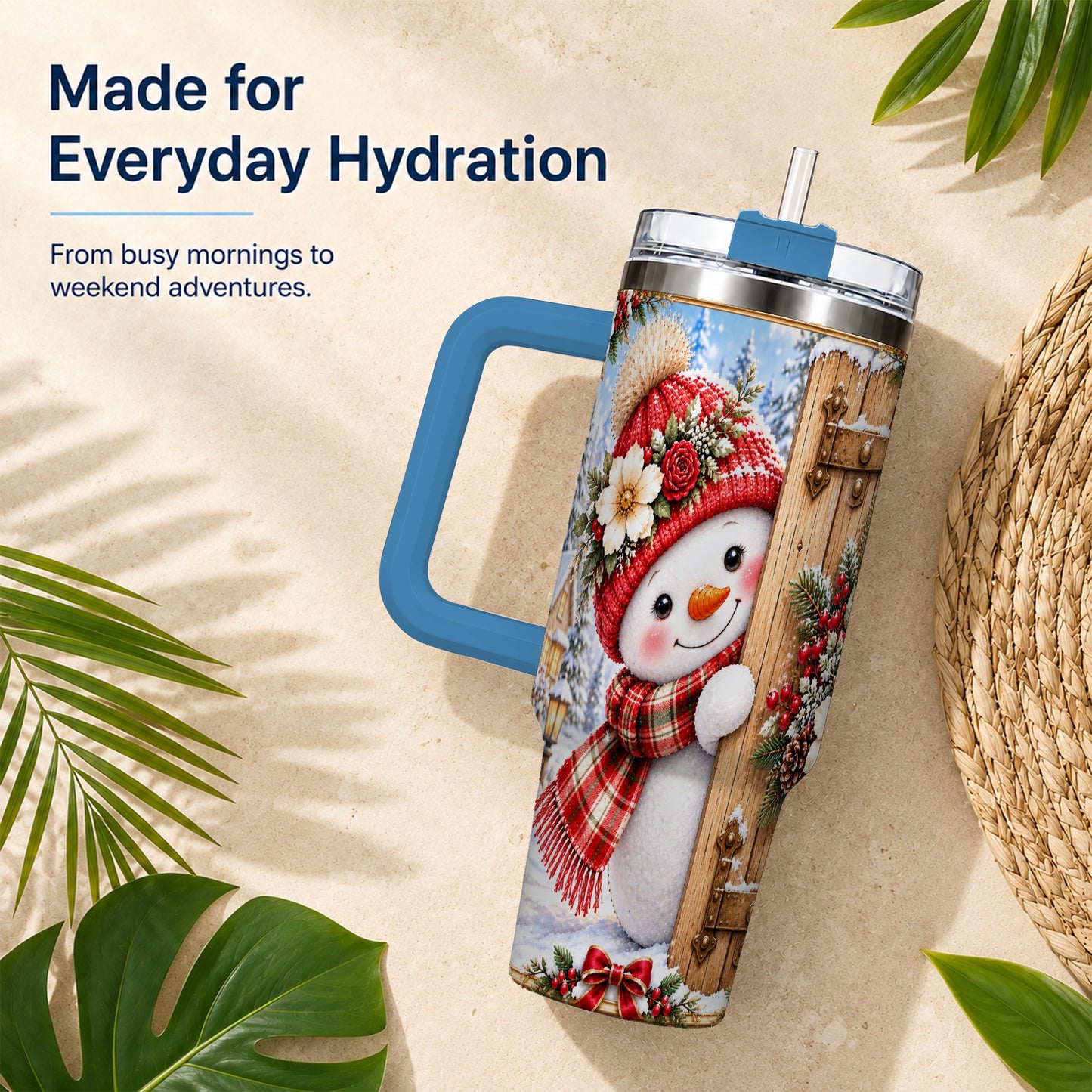 #pl[40oz|Blue] Snowman 40oz Tumbler with Handle, Cottage Stainless Steel Travel Cup