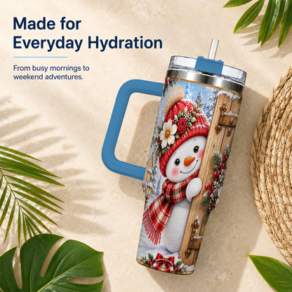 #pl[40oz|Blue] Snowman 40oz Tumbler with Handle, Cottage Stainless Steel Travel Cup