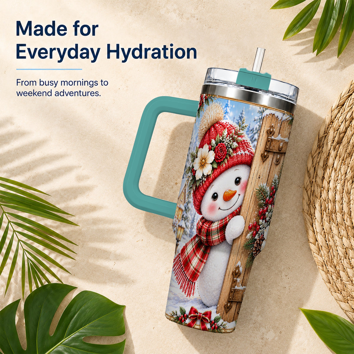 #pl[40oz|Green] Snowman 40oz Tumbler with Handle, Cottage Stainless Steel Travel Cup