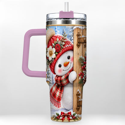 #pl[40oz|Pink] Snowman 40oz Tumbler with Handle, Cottage Stainless Steel Travel Cup